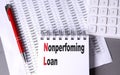 Notebook with the text nonperforming loan on a desk, surrounded by financial data sheets, a red pen, and a calculator Royalty Free Stock Photo