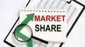 Notebook with Tools and Notes about MARKET SHARE with chart,business Royalty Free Stock Photo