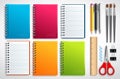 Notebook vector set with school items and office supplies isolated in white background