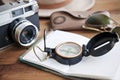 Notebook, vintage camera, compass, sunglasses and hat. Royalty Free Stock Photo
