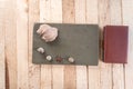 Notebook on a wooden background with seashells. Royalty Free Stock Photo