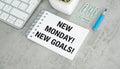 A notebook with the word New Monday New Goals written on it. The notebook is on a desk with a pen, and keyboard. Royalty Free Stock Photo