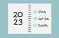 Notebook with the words goals 2023. plan, Action. Checklist of new year goals 2023. Vector illustration Royalty Free Stock Photo