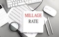 Notebook with the words MILLAGE RATE on a desk with a keyboard, calculator, pen, and charts Royalty Free Stock Photo