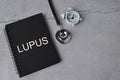 Top view of notebook written with text LUPUS. LUPUS is a long-term autoimmune disease in which the body`s immune system becomes Royalty Free Stock Photo