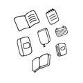 Notebooks, books, journal, calendar doodle icons. Stationery icon set. Hand drawn illustration