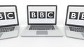 Notebooks with British Broadcasting Corporation BBC logo on the screen. Computer technology conceptual editorial 3D Royalty Free Stock Photo