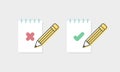 Notebooks with check mark icons and pencil. Vector illustration, flat design Royalty Free Stock Photo