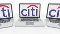 Notebooks with Citigroup logo on the screen. Computer technology conceptual editorial 3D rendering