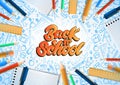 Notebooks with deferent pencils in realistic style with lettering text back to school. School doodle illustrations. Vector