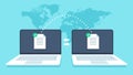 Notebooks file transfer. Data transmission, ftp files receiver and notebook computer backup copy. Document sharing vector concept Royalty Free Stock Photo