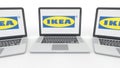 Notebooks with Ikea logo on the screen. Computer technology conceptual editorial 3D rendering