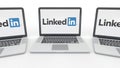 Notebooks with LinkedIn logo on the screen. Computer technology conceptual editorial 3D rendering