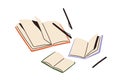 Notebooks, notepads and pens. Scattered paper note pads, diaries. Open pages of falling business planners, organizers