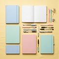 Notebooks in pastel blue, pink, and green, with an open white notebook at Royalty Free Stock Photo
