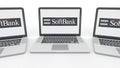 Notebooks with SoftBank logo on the screen. Computer technology conceptual editorial 3D rendering