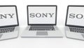 Notebooks with Sony Corporation logo on the screen. Computer technology conceptual editorial 3D rendering