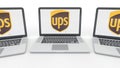 Notebooks with United Parcel Service UPS logo on the screen. Computer technology conceptual editorial 3D rendering