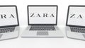 Notebooks with Zara logo on the screen. Computer technology conceptual editorial 3D rendering