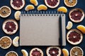 Notepad with a black pen next to dry fruit slices on a dark background Royalty Free Stock Photo