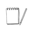 Notepad blank sheet and pencil icon, sticker. sketch hand drawn doodle style. , minimalism, monochrome. write, notes, stationery, Royalty Free Stock Photo