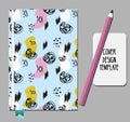 Notepad, book cover design template with abstract hand drawn 80s 90s style pattern