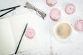 Notepad, cakes and coffee, romantic Royalty Free Stock Photo