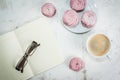 Notepad, cakes and coffee, romantic Royalty Free Stock Photo