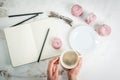 Notepad, cakes and coffee, romantic Royalty Free Stock Photo