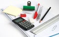 Notepad calculator ruler pens pencil bulldog clip Royalty Free Stock Photo
