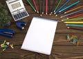 Notepad and colored pencils. Branding stationery mockup scene Royalty Free Stock Photo