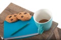 Notepad, cup, pen in turquoise color with chocolate chip cookies. wooden table and white background. Great morning and start of th Royalty Free Stock Photo