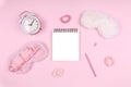 Notepad with cute fluffy sleep masks and pink accessories