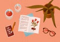 Notepad or diary with dry beautiful flower and writing text surrounded by cosiness things on desk vector flat Royalty Free Stock Photo