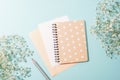Notepad and envelope with blank sheet, pencil on blue background with gypsophila flowers in sunlight. Top view, flat lay Royalty Free Stock Photo