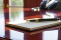 notepad with fountain pen on polished cherry desk Royalty Free Stock Photo