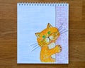 A Notepad with A Ginger Cat Looking Around a Corner hand drawing. Wooden background