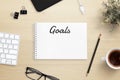 Notepad goals list concept, mockup. Top view of work desk