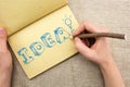 Notepad with hand drawing sketchy Idea word Royalty Free Stock Photo