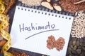 Notepad with inscription hashimoto, best ingredients or products for healthy thyroid and tape measure. Food as source vitamins