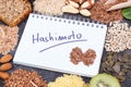 Notepad with inscription hashimoto and best ingredients for healthy thyroid