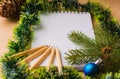 Notepad and color pencils with holiday decoration