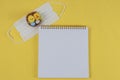 Notepad, mask and Easter chickens on yellow Royalty Free Stock Photo
