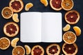 Notepad next to dry fruit slices on a dark background Royalty Free Stock Photo