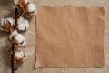 Notepad is a notebook for entries. Kraft paper postcard. herbarium of dry cotton grass flowers. On a concrete brown antique backgr Royalty Free Stock Photo