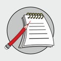 Notepad with notes, place for text and red pencil. Poll vector icon. List with a pencil icon. Vector pencil and paper illustration Royalty Free Stock Photo