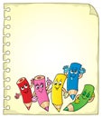 Notepad page with happy wooden crayons