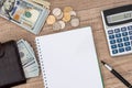 notepad with pen, calculator, dollar bills Royalty Free Stock Photo