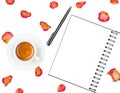Notepad, pen, coffee cup and dried roses isolated on white background. Flat lay Royalty Free Stock Photo