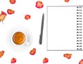 Notepad, pen, coffee cup and dried roses isolated on white background. Flat lay. Royalty Free Stock Photo